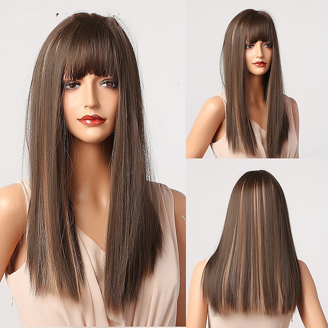 Women Long Brown Straight Cosplay Fashion Wig Hair Neat Bang Full Wigs Resistant 