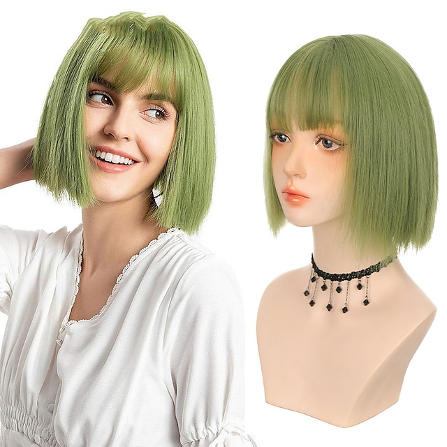  11palcová syntetická krátká rovná paruka s ofinou, žáruvzdorná, zelené lolita anime cosplay paruky pro ženy na denní vlasy