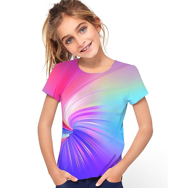  Kids Girls' T shirt Tee Short Sleeve Graphic Optical Illusion Color Block 3D Print Rainbow Children Tops Summer Active Streetwear Sports