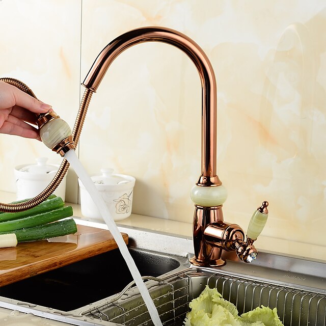  Pull Out Kitchen Sink Mixer Faucet with Sprayer, 360 swivel High Arc Pull Down Kitchen Taps, Vintage Single Handle One Hole Vessel Water Tap with Cold Hot Hose Golden Rose Gold