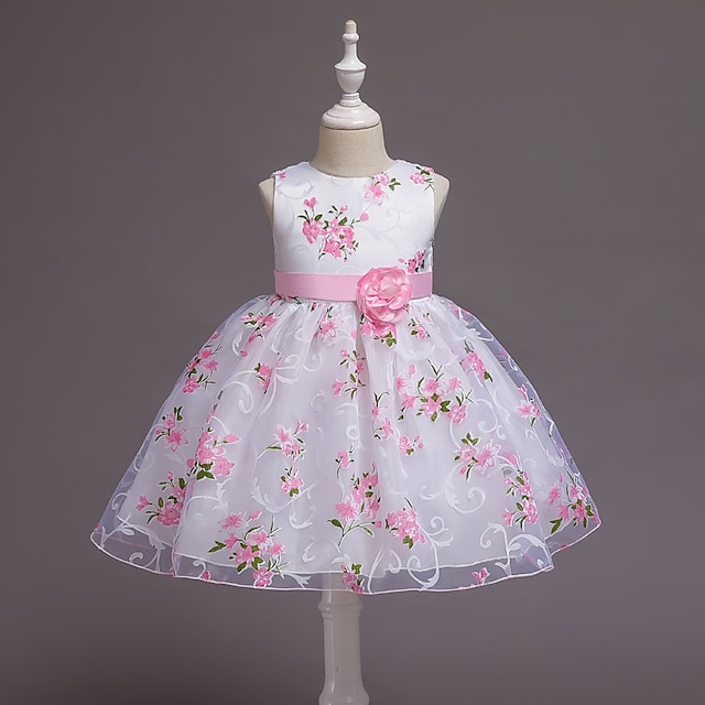  småbarn små flickor klänning blommig tyll klänning tryck rodnande rosa knälånga ärmlösa söta klänningar barns dag smal 2-8 år