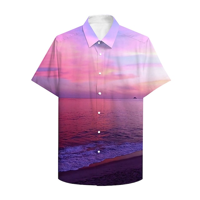 Men's Shirt 3D Print Graphic Prints Landscape Button-Down Print Short Sleeve Daily Tops Casual Hawaiian Light Purple