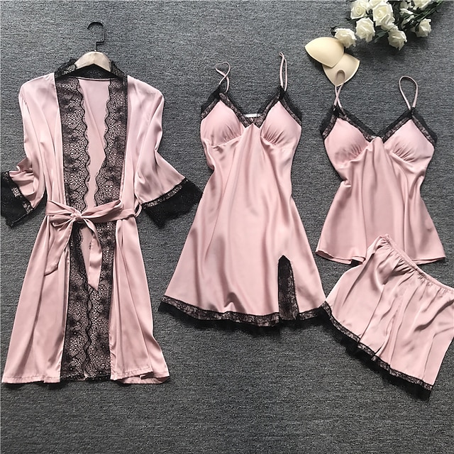  Women's Gift Robes Gown Pajamas Nightgown Sets Home Party Daily St.Patrick's Day Elastic Waist Pure Color Satin Simple Casual Soft Strap Top Shorts Fall Winter Spring Strap Short Sleeves Long Sleeve