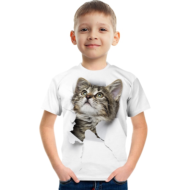  Tee-shirts Garçon Enfants Manches Courtes Chat 3D effet Chat Graphique Animal Blanche Enfants Hauts Eté Actif Le style mignon