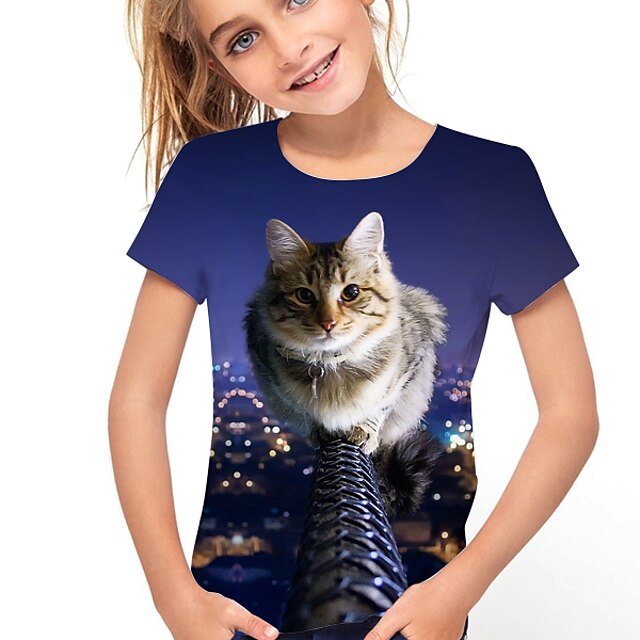  Børn Pige T-shirt Kortærmet Dusty Blue Kat 3D-udskrivning Kat Dyr Trykt mønster Skole Dagligdagstøj Aktiv Sød Stil Baby / Sommer