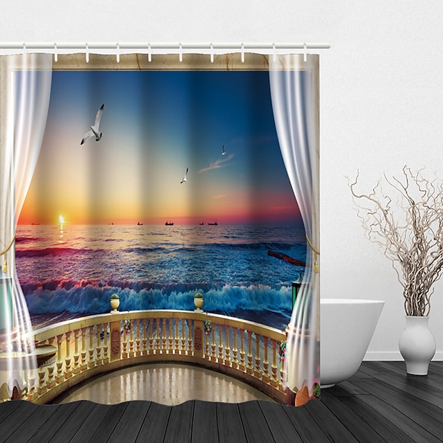  Shower Curtains with Hooks Seaside Scenery Polyester Fabric Waterproof Shower Curtain for Bathroom 70 Inch