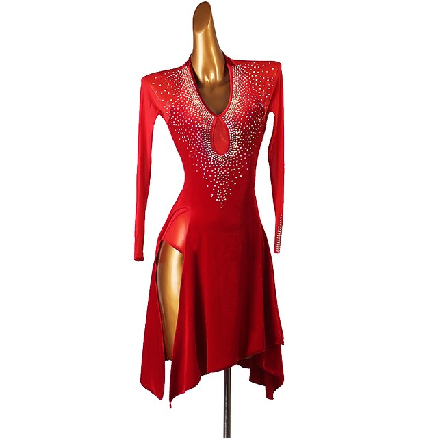 Dance Salsa Latin Dance Dress Crystals / Rhinestones Women's Training Performance Long Sleeve High Velvet3
