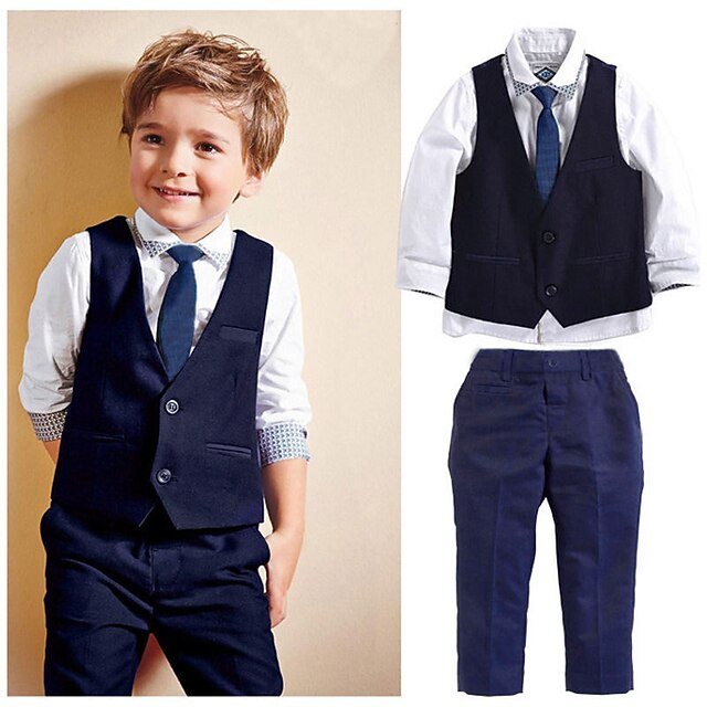 4 Pieces Kids Clothes Boys' Suit Vest Shirt  Pants Clothing Set  Long Sleeve Navy Blue Beaded Formal Active Basic Party Style2