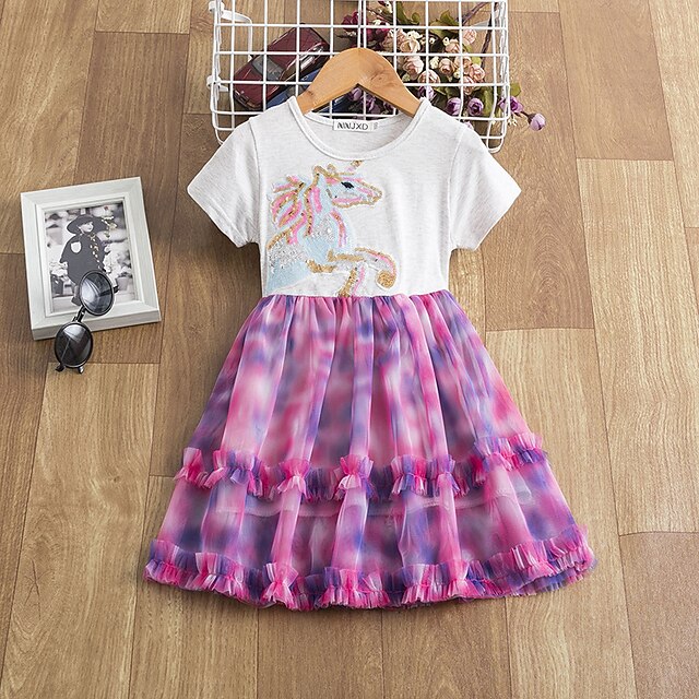 Baby & Kids Girls Clothing | Kids Little Girls Dress Unicorn Animal Casual Lace Fuchsia Knee-length Short Sleeve Active Dresses 