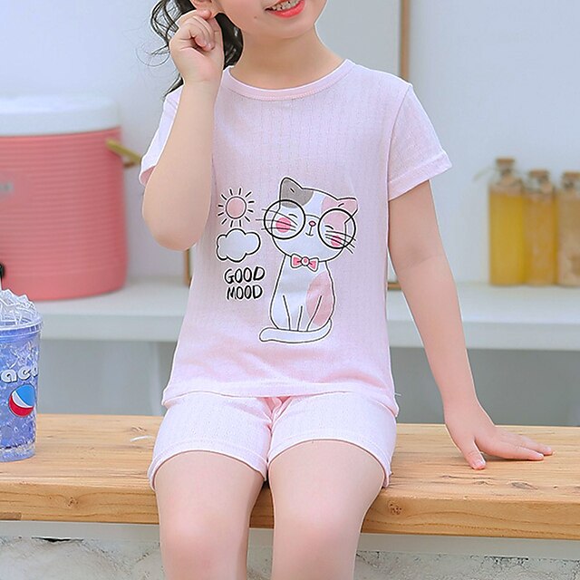 Baby & Kids Girls Clothing | Kids Girls Clothing Set Short Sleeve Pink Cat Cartoon Print Cotton Daily Wear Basic Regular / Summe