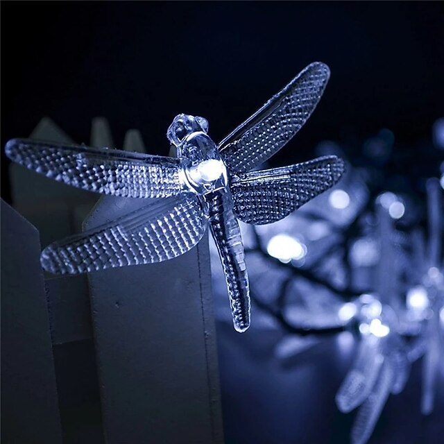  Solar LED Fairy String Lights 6.5m Dragonfly 30 diod Ciepłe białe kolorowe białe 8 trybów zewnętrzne wodoodporne wesele patio lampa ogrodowa do dekoracji domu