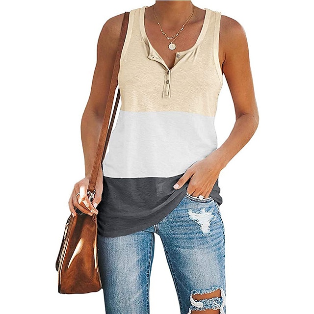 

Women's Camis Plain Patchwork Button U Neck Casual Tops White Black Khaki