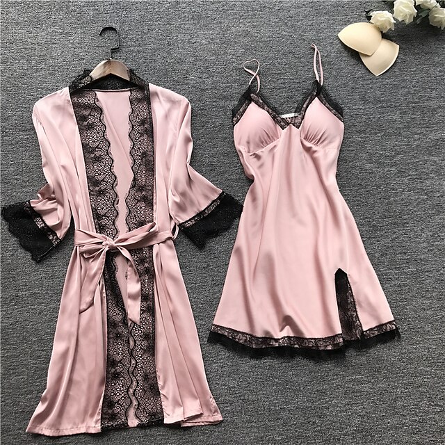 Women's Lace Satin Silk Pajamas Sets 4 Pcs Home Party Daily Elastic ...