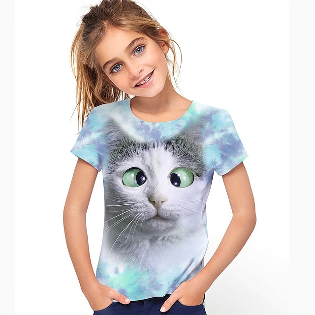  Infantil Para Meninas Camisa Manga Curta Gato Animal Estampado Azul Crianças Blusas Verão Activo Estilo bonito Escola Roupa Diária Normal 4-12 anos