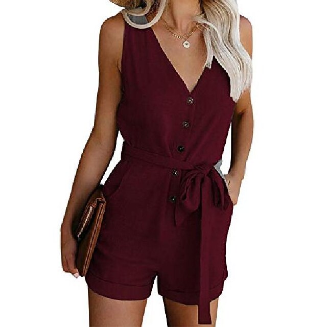 

Women's Romper Solid Color Casual Casual Daily Standard Fit Sleeveless Wine Red Blue White S M L Summer