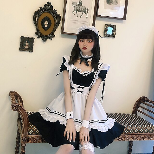 Toys & Hobbies Cosplay & Costumes | Lolita Maid Uniforms Cute Dress Maid Suits Womens Japanese Cosplay Costumes Black Solid Colo