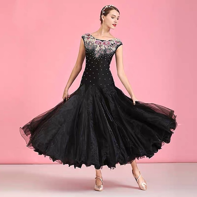  Ballroom Dance Dress Embroidery Crystals / Rhinestones Women's Performance Training Sleeveless Natural Elastane Tulle