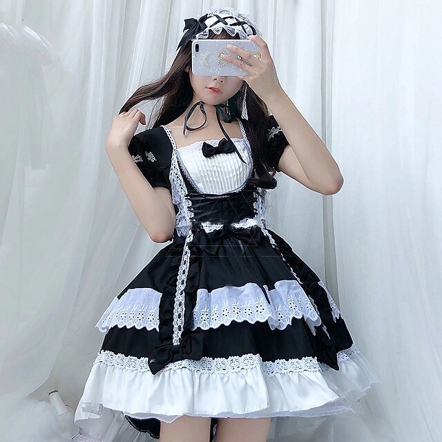  Lolita söpö tyyli Maid univormut Mekot Naisten Japani Cosplay-asut Musta / Pinkki Yhtenäinen Pitkähihainen Polven yläpuolella