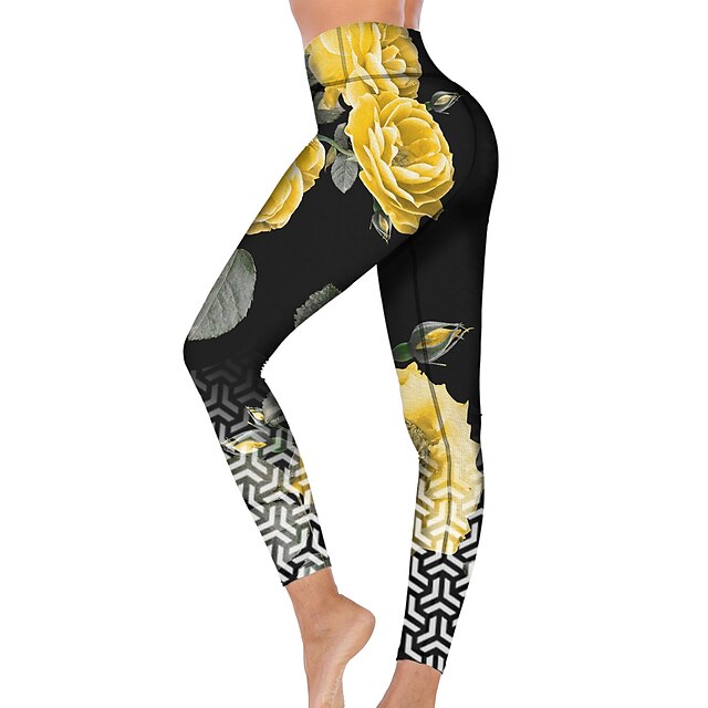 Womens Workout Running Legging Sunflower Floral in Black Tummy Control Yoga Pants Sports 