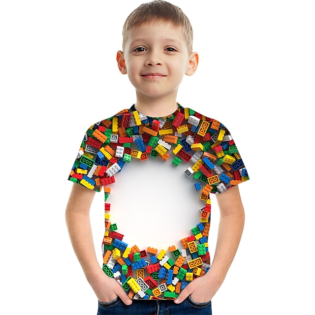  Kids Boys Building Blocks T shirt Short Sleeve 3D Print Optical Illusion Rainbow Children Tops Summer Adorable Daily School Outdoor 3-12 Years