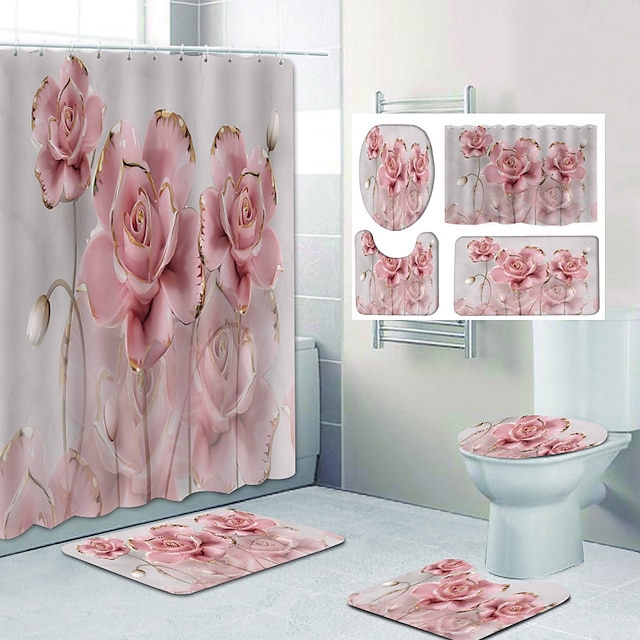  シャワーカーテン4点セット、ラグ付きトイレ蓋カバーセット、バスルーム用滑り止めラグバスマット付き、ピンクの花柄、防水ポリエステルシャワーカーテン、フック12個付き、バスルームの装飾。
