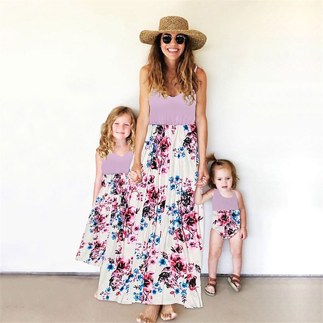  Family Look Dress Graphic Print Pink Sleeveless Maxi Matching Outfits / Summer