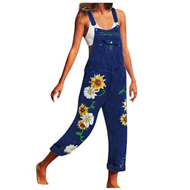 

Women's Overall Pocket Ripped Floral Casual Daily Traveling Regular Fit Sleeveless Light Blue Dark Blue S M L Spring / Print