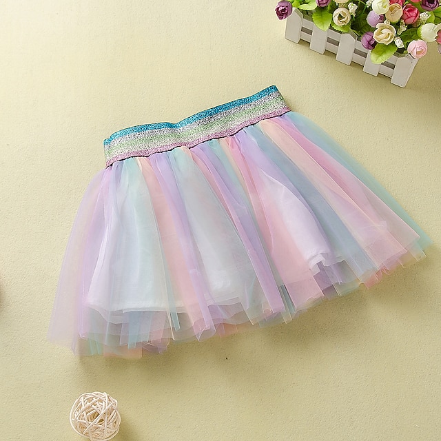  Kids Girls' Skirt Rainbow Blue & White Rainbow Mesh Cute 3-6 Years