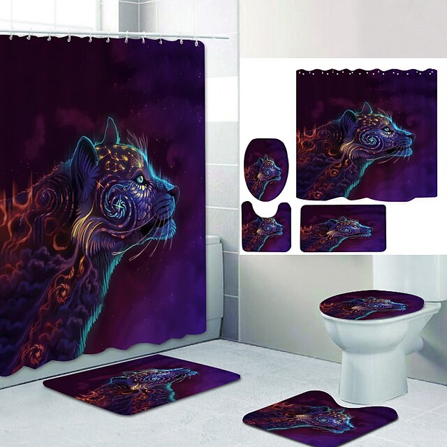 Home & Garden Bath Accessories | Bathroom Shower Curtain & Mat Set Modern Polyester New Design - NC34136