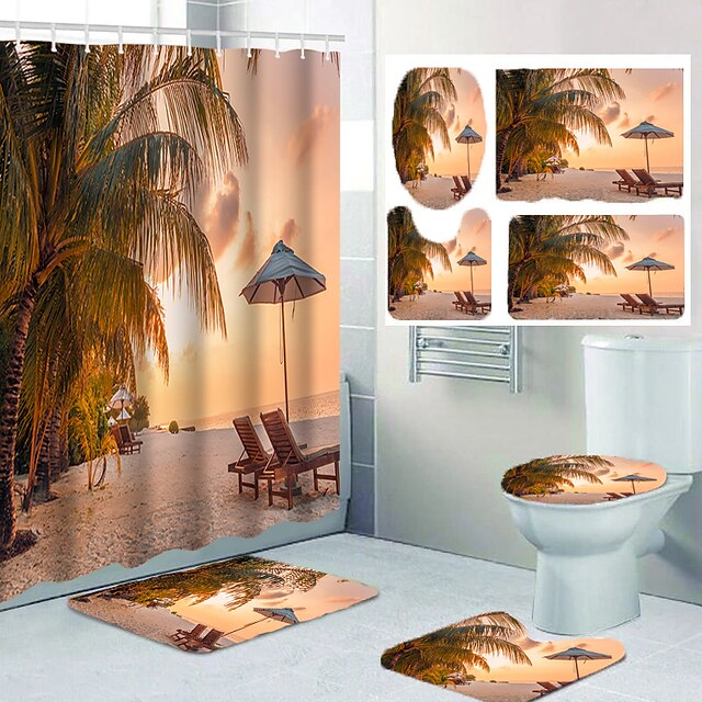 Home & Garden Bath Accessories | Sunshine Seaside Coconut Tree Chair Bathroom Shower Curtain Leisure Toilet Four-piece Set - IZ0