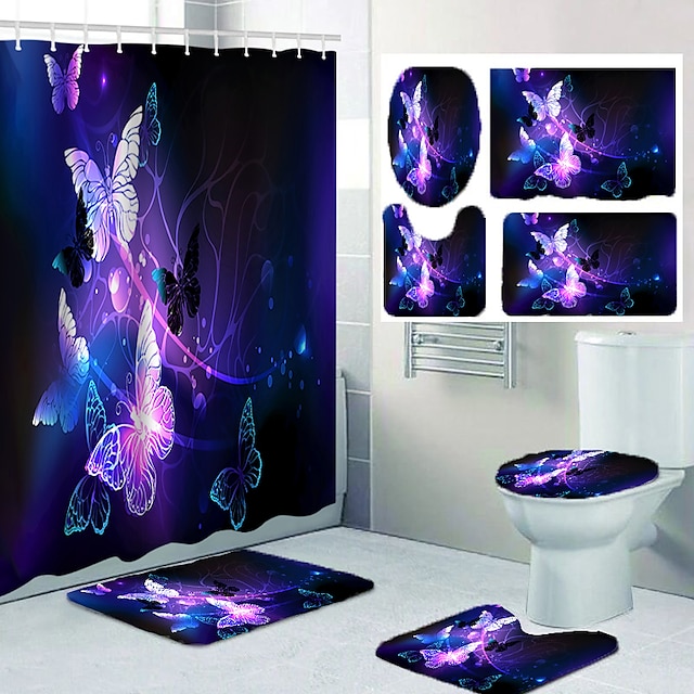  4Pcs Shower Curtain Set with Rug Toilet Lid Cover Sets with Non-Slip Rug Bath Mat for Bathroom,  Luminous  Butterfly Pattern,Waterproof Polyester Shower Curtain with 12 Hooks,Bathroom Decoration
