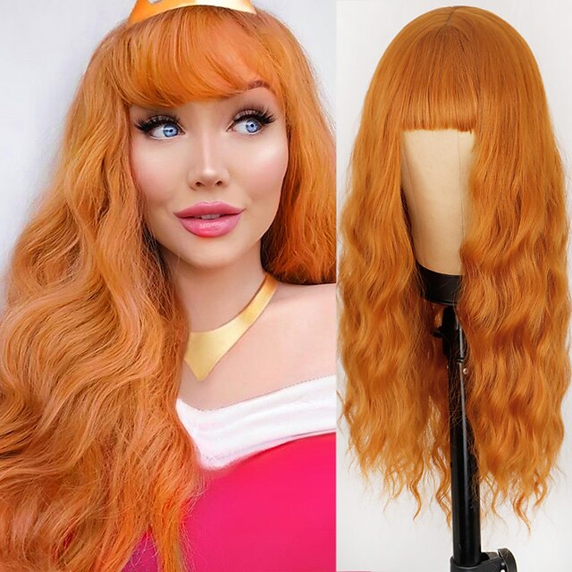 Beauty & Hair Wigs & Hair Pieces | Synthetic Wig Water Wave Neat Bang Wig Pink Blonde Medium Length A1 A2 A3 A4 A5 Synthetic Hai