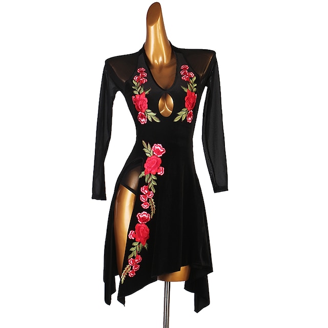  Платье для латиноамериканских танцев сальсы, аппликации, женское тренировочное платье с длинными рукавами из бархата и спандекса