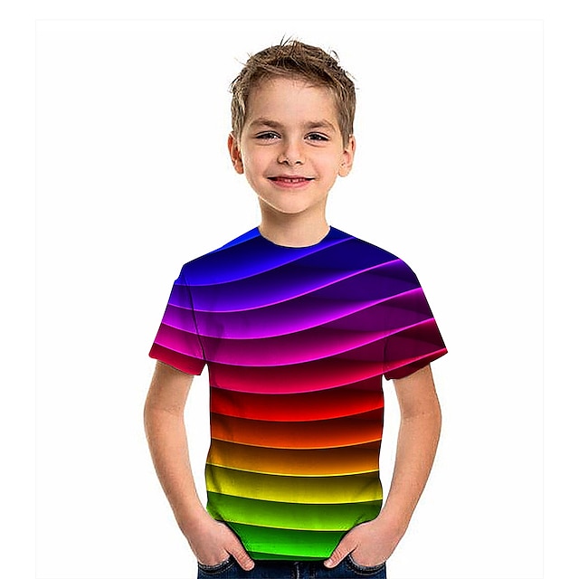  아동 남아 T 셔츠 티셔츠 짧은 소매 그래픽 3D 프린트 레인보우 어린이 탑스 활동적