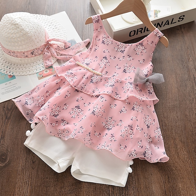 Baby & Kids Girls Clothing | Kids Girls Clothing Set Sleeveless Pink Yellow Floral Bow Print Cotton Daily Wear Active Basic Regu