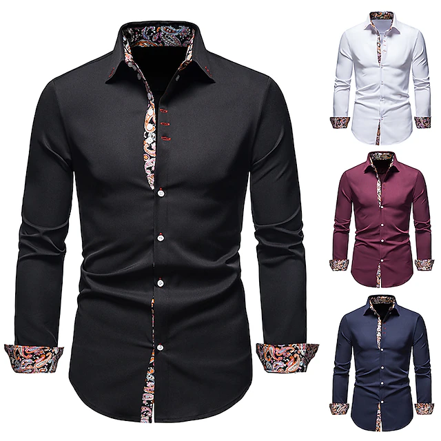 Men's Dress Shirt Collared Shirt Button Up Shirt Abstract Wedding Daily Black White Wine Navy Blue Long Sleeve Clothing Apparel 22
