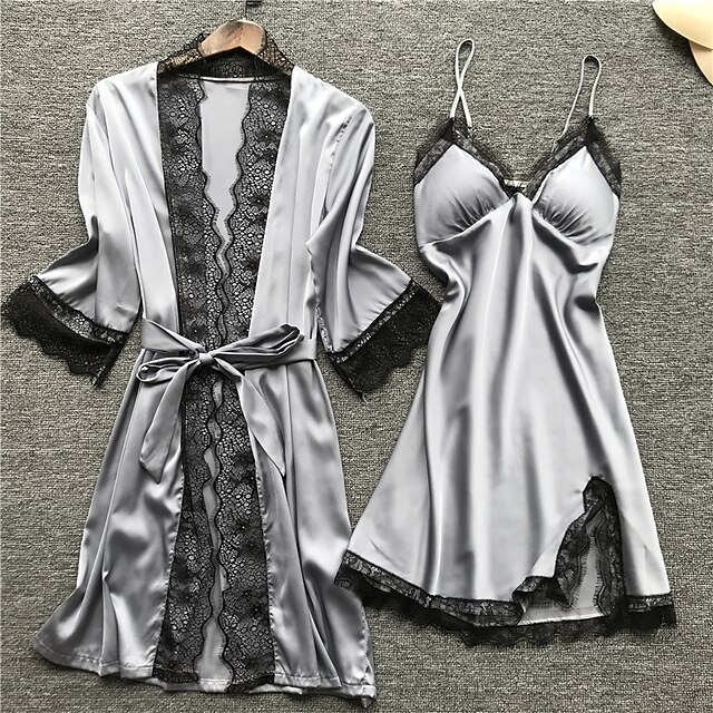 Women's Lace Satin Silk Pajamas Sets 4 Pcs Home Party Daily Elastic ...