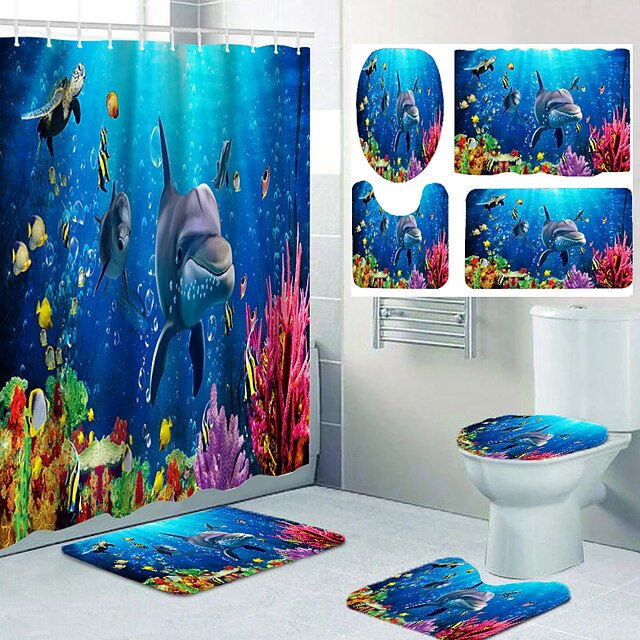 Underwater World Dolphins Shower Curtain Bathroom Waterproof Fabric Mat Hooks