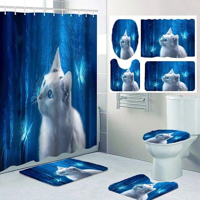 Fantasy cat Waterproof Polyester Fabric Shower Curtain & Bathroom Floor Mat Set 