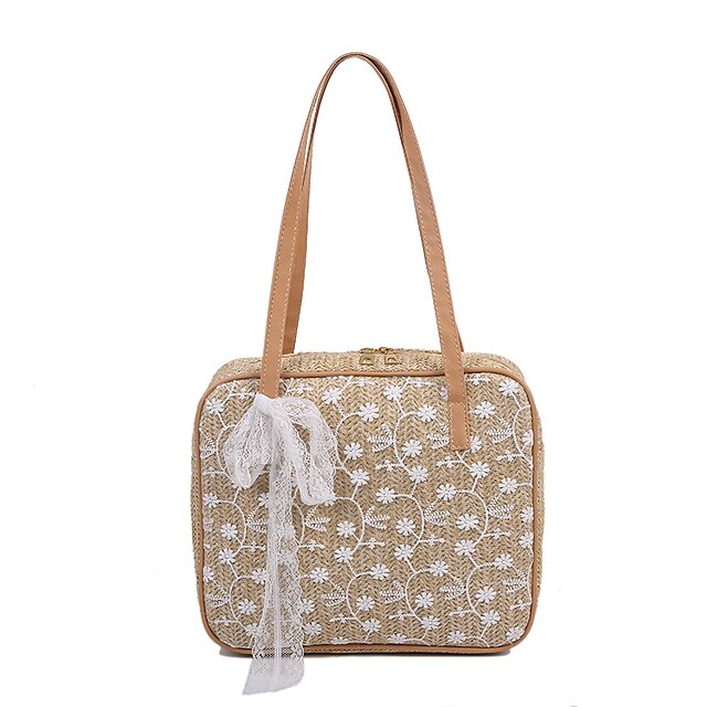  Women's Bags Straw Top Handle Bag Daily Straw Bag Handbags Khaki White