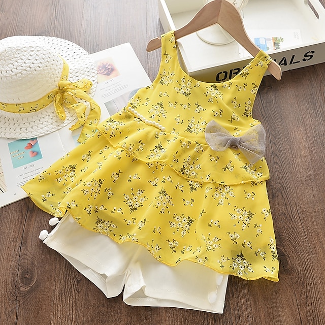 Baby & Kids Girls Clothing | Kids Girls Clothing Set Sleeveless Pink Yellow Floral Bow Print Cotton Daily Wear Active Basic Regu