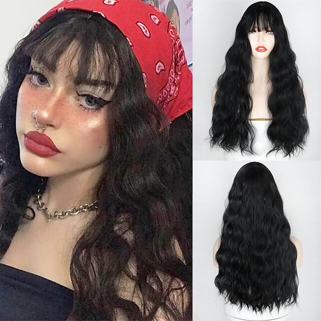 Beauty & Hair Wigs & Hair Pieces | Synthetic Wig Water Wave Neat Bang Wig Pink Blonde Medium Length A1 A2 A3 A4 A5 Synthetic Hai