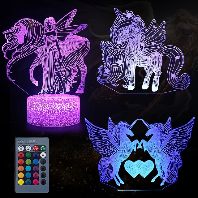  Unicorn 3D Nightlight Night Light For Children Color-Changing Adorable Remote Control Touch Dimmer Gradient Mode Thanksgiving Day Christmas AA Batteries Powered USB 3pcs