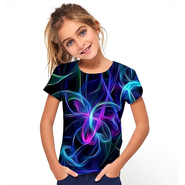  Girls' 3D Graphic Geometric Color Block T shirt Tee Short Sleeve 3D Print Summer Sports Fashion Streetwear Kids Athletic