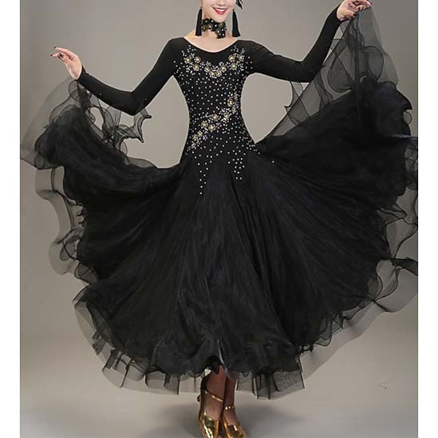 Women's Dancewear Ballroom Dance Dress Rhinestone Splicing Women's Performance Training Long Sleeve