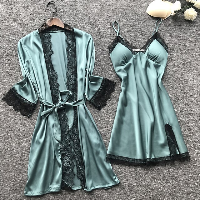 Women's Lace Satin Silk Pajamas Sets 4 Pcs Home Party Daily Elastic ...