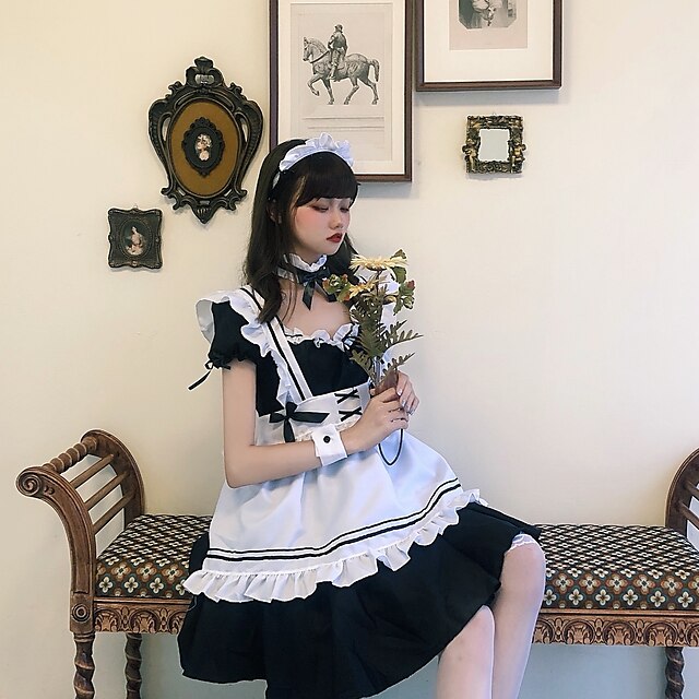 Toys & Hobbies Cosplay & Costumes | Lolita Maid Uniforms Cute Dress Maid Suits Womens Japanese Cosplay Costumes Black Solid Colo