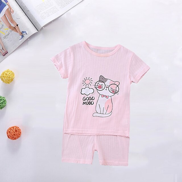  Kids Girls' Clothing Set Short Sleeve Pink Cat Cartoon Print Cotton Daily Wear Basic Regular / Summer