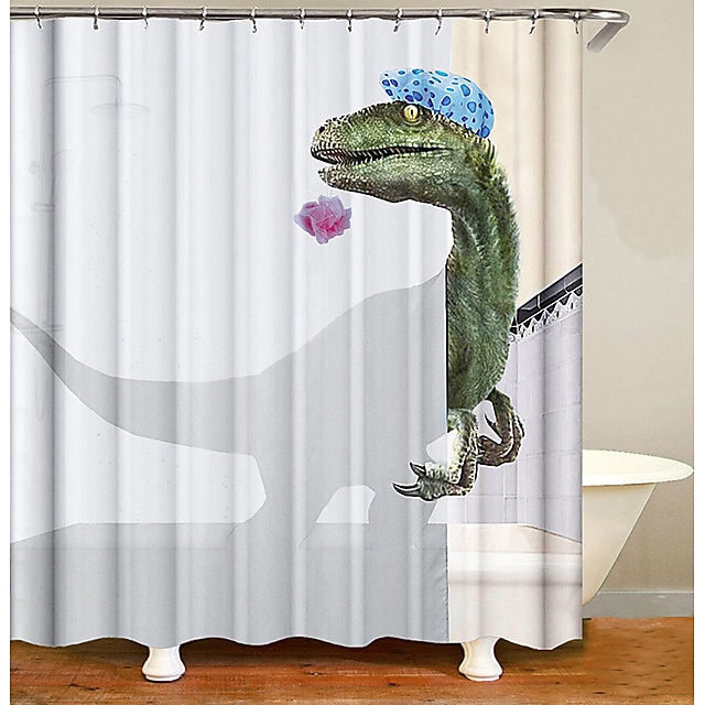  Conjunto de cortina de chuveiro de dinossauro para banheiro, cortinas de chuveiro de tecido branco divertido para crianças, decoração de acessórios de banheiro raptor exclusivos e legais, ganchos