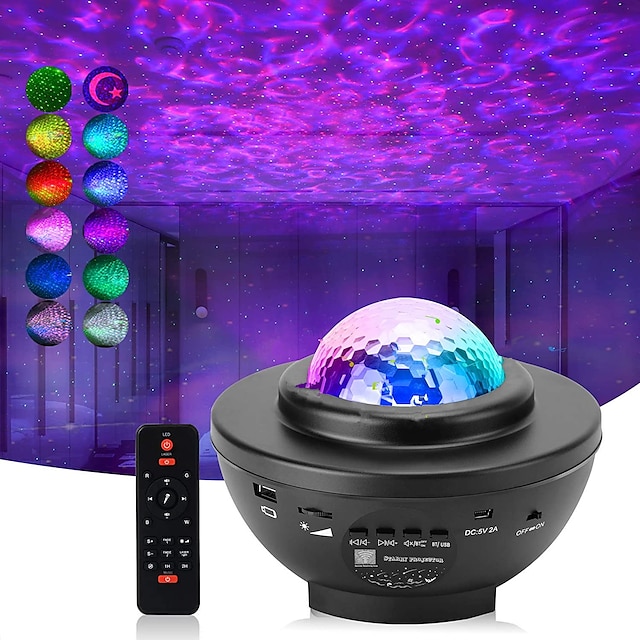  LED Star Night Light Wave Galaxy Projector Bluetooth USB Voice Control Music Player 360 Rotation Night Lighting Lamp Bedroom Decor Halloween Gift